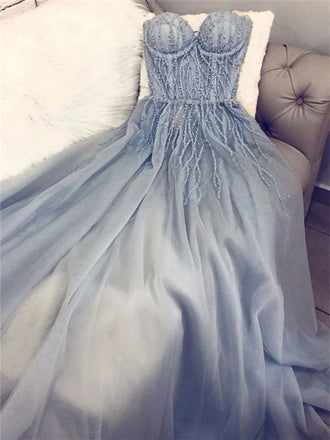 A-line Sweetheart Appliques Strapless Long Tulle Prom Dresses, PD0846