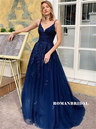 Popular A-line V-neck Appliques Lace-up Back Long Tulle Prom Dresses, PD0847