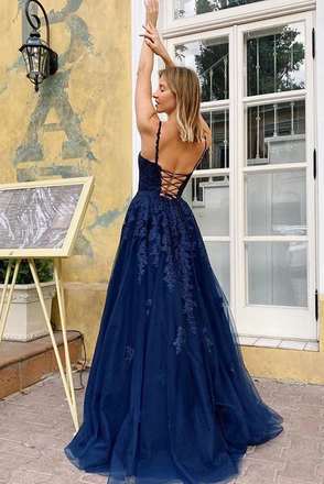 Popular A-line V-neck Appliques Lace-up Back Long Tulle Prom Dresses, PD0847