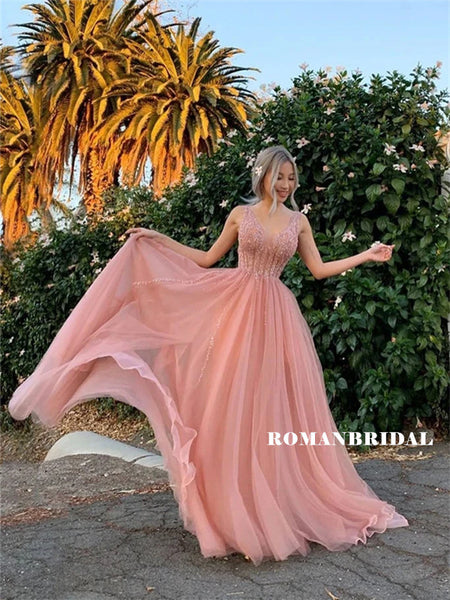 Sexy Tulle Spaghetti Straps V-Neck A-Line Long Prom Dresses, PD0848 Sexy Tulle Spaghetti Straps V-Neck A-Line Long Prom Dresses, PD0848