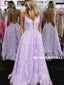 A-line Spaghetti Straps V-neck Lace Backless Prom Dresses With Pockets, PD0852