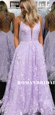 A-line Spaghetti Straps V-neck Lace Backless Prom Dresses With Pockets, PD0852