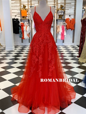 A-line V-neck Red Lace Beading Long Organza Prom Dresses, PD0853