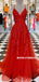 A-line V-neck Red Lace Beading Long Organza Prom Dresses, PD0853