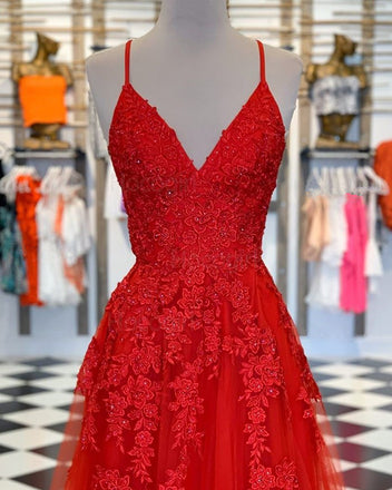 A-line V-neck Red Lace Beading Long Organza Prom Dresses, PD0853