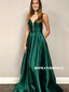 A-line Deep V-neck Sleeveless Backless Green Satin Prom Dresses, PD0854