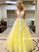 A-line V-neck Floor-length See-though Appliques Yellow Prom Dresses, PD0855