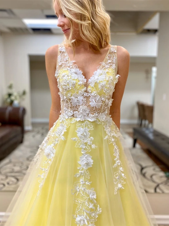 A-line V-neck Floor-length See-though Appliques Yellow Prom Dresses, PD0855