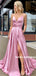 A-line V-neck Straps Long Pockets Prom Dresses With Split, PD0856