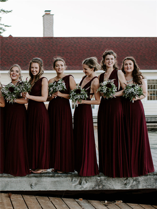 A-line Floor-length V-neck Sleeveless Dark Red Bridesmaid Dresses, BD0 RomanBridal A-line Floor-length V-neck Sleeveless Dark Red Bridesmaid Dresses, BD0 RomanBridal