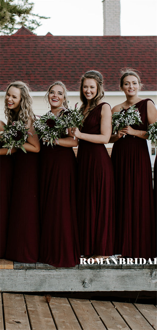 A-line Floor-length V-neck Sleeveless Dark Red Bridesmaid Dresses, BD0 RomanBridal A-line Floor-length V-neck Sleeveless Dark Red Bridesmaid Dresses, BD0 RomanBridal