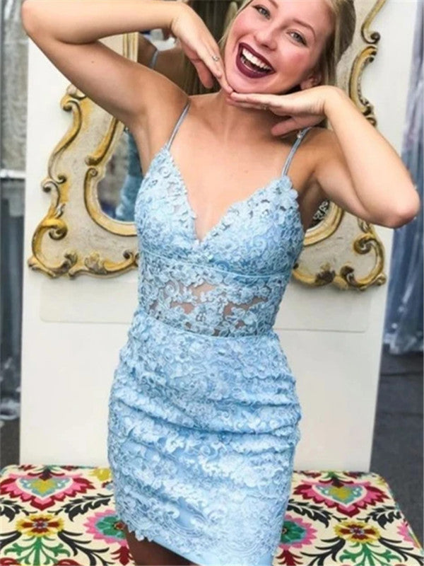 Mermaid Spaghetti Straps V-neck Blue Lace Homecoming Dresses, HD0555