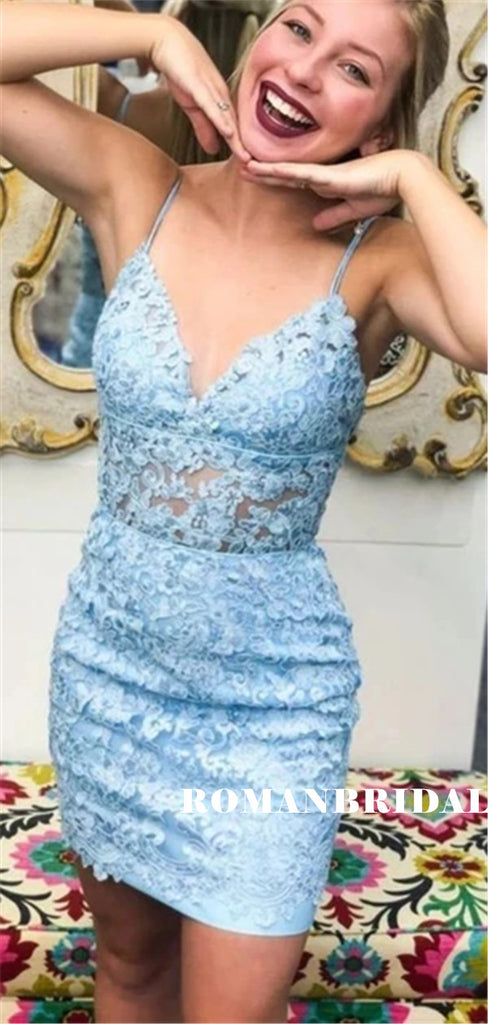 Mermaid Spaghetti Straps V-neck Blue Lace Homecoming Dresses, HD0555