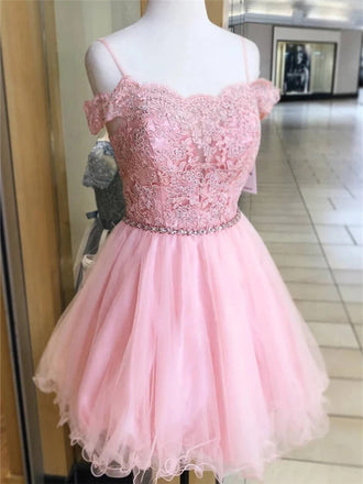 A-line Off-shoulder Lace Appliques Beading Pink Tulle Homecoming Dresses, HD0559
