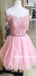 A-line Off-shoulder Lace Appliques Beading Pink Tulle Homecoming Dresses, HD0559