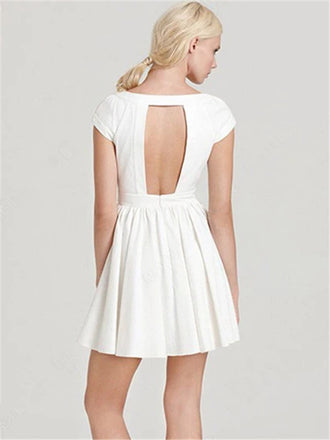 A-line Beteau Neck Short Sleeves Open-back Short White Homecoming Dresses, HD0560
