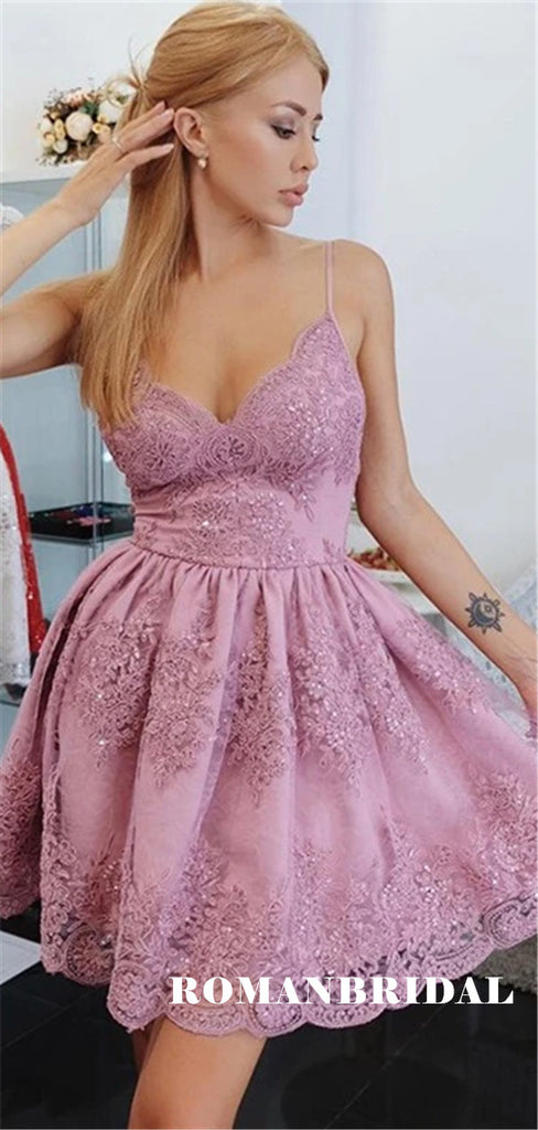 A-line Spaghetti Straps V-neck Lace Appliques Beading Homecoming Dresses, HD0562