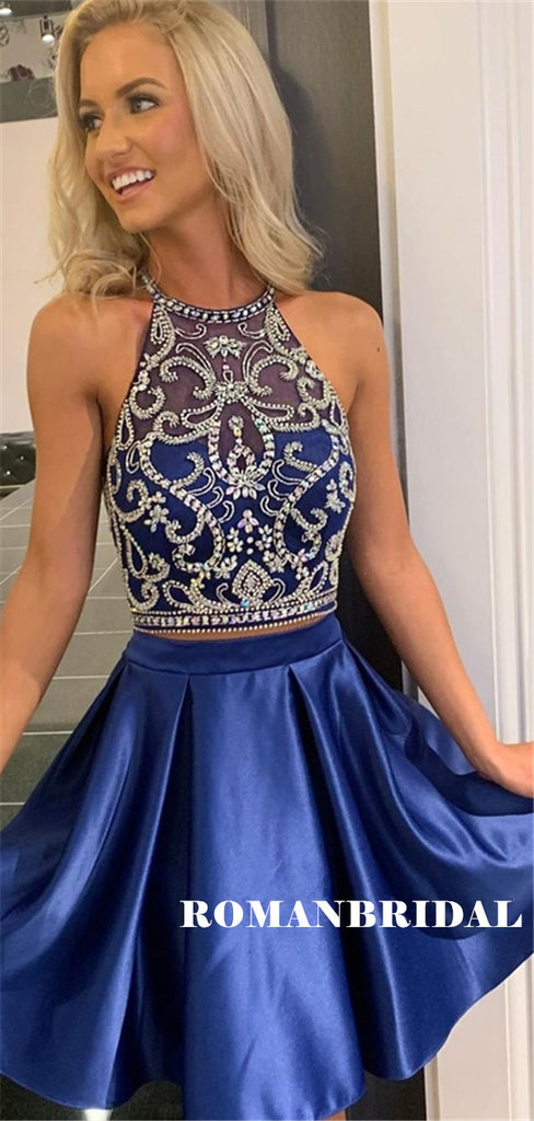 A-line Halter Two-piece Royal Blue Beaded Short Homecoming Dresses, HD0563
