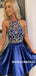 A-line Halter Two-piece Royal Blue Beaded Short Homecoming Dresses, HD0563