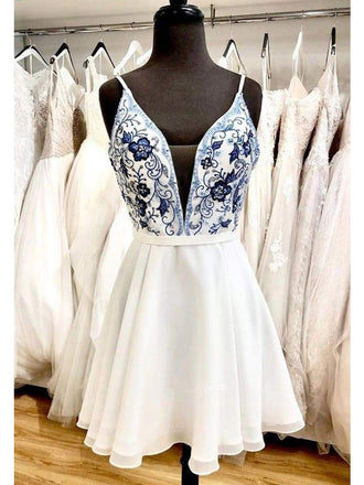 Newest A-line Deep V-neck Spaghetti Straps Embroidery Homecoming Dresses, HD0564