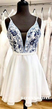 Newest A-line Deep V-neck Spaghetti Straps Embroidery Homecoming Dresses, HD0564