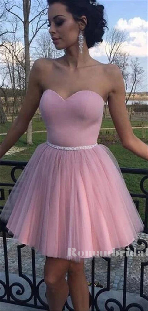 A-line Sweetheart Pink Tulle Short Homecoming Dresses With Belt, HD0566