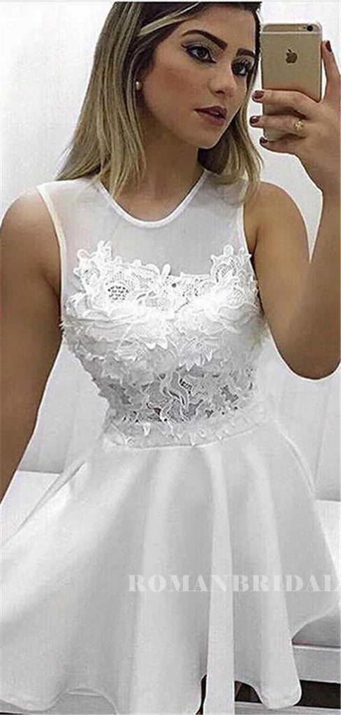 A-line Round Neck Sleeveless Lace Appliques Short Homecoming Dresses, HD0568