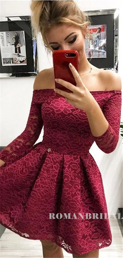 Newest Off-shoulder Long Sleeves Lace Short Homecoming Dresses, HD0569