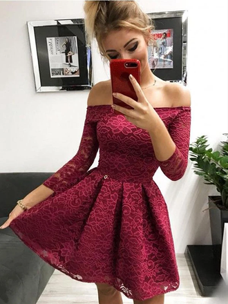 Newest Off-shoulder Long Sleeves Lace Short Homecoming Dresses, HD0569