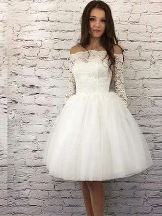 Off-shoulder Half Sleeves Lace Light Ivory Tulle Homecoming Dresses, HD0570