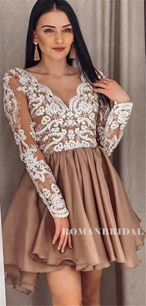A-line V-neck Long Lace Sleeves Short Chiffon Homecoming Dresses, HD0571