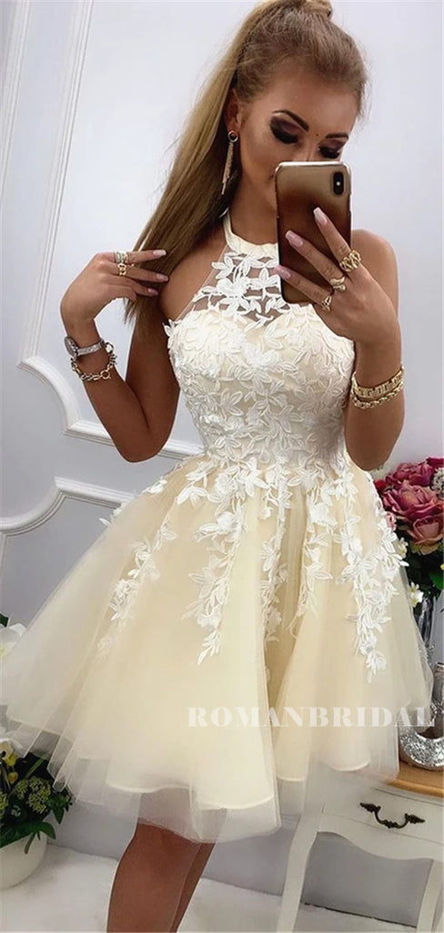 Halter Sleeveless Lace Appliques Yellow Short Tulle Homecoming Dresses, HD0572