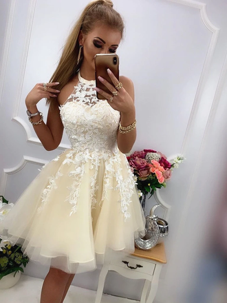 Halter Sleeveless Lace Appliques Yellow Short Tulle Homecoming Dresses, HD0572