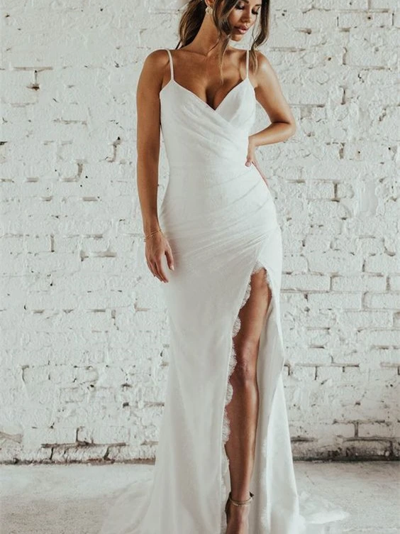 Spaghetti Straps Mermaid Lace Simple Design Long Wedding Dresses, WD0494