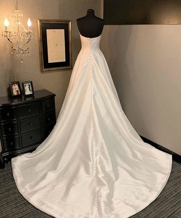 Sweetheart Strapless A-line Satin Wedding Dresses With Train, WD0495