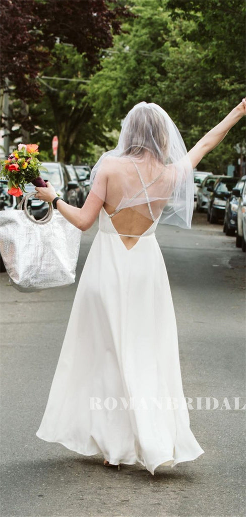 A-line V-neck Spaghetti Straps Backless Rhinestones Wedding Dresses, WD0496
