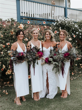 Sheath Deep V-neck Sexy Sleeveless Bridesmaid Dresses With Split, BD0624