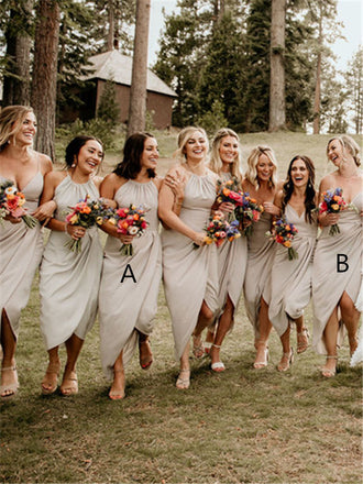 Sheath Halter Spaghetti Straps Pleats Bridesmaid Dresses With Split, BD0633