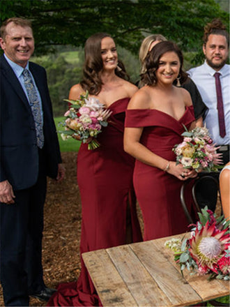 Mermaid Off-shoulder Long Burgundy Bridesmaid Dresses With Split, BD0638
