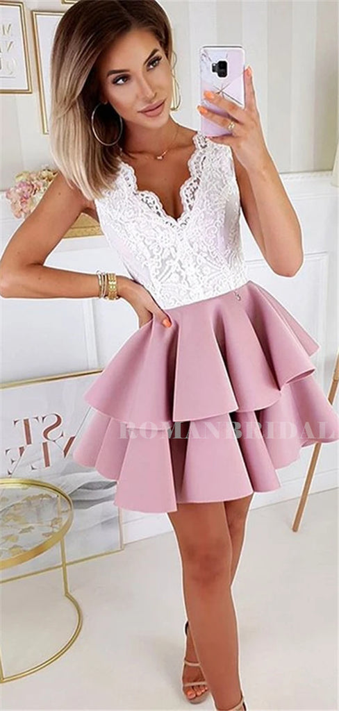A-line V-neck Lace Sleeveless Homecoming Dresses With Ruffles, HD0573