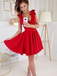 A-line V-neck Red Sleeveless Belt Homecoming Dresses With Ruffles, HD0574