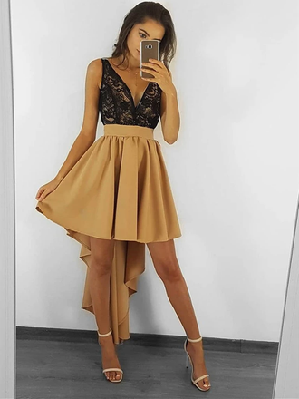 High-low V-neck Sleeveless Lace Homecoming Dresses, HD0575