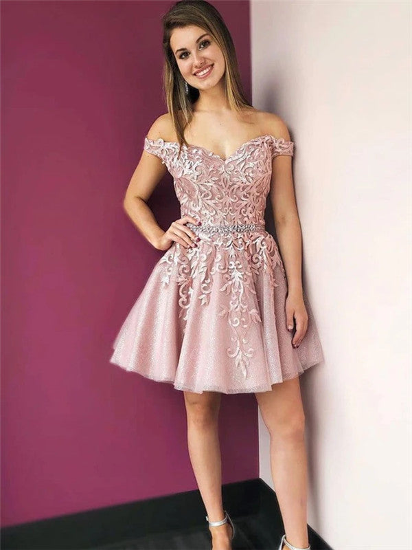 A-line Off-shoulder Appliques Pink Homecoming Dresses, HD0576