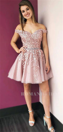 A-line Off-shoulder Appliques Pink Homecoming Dresses, HD0576