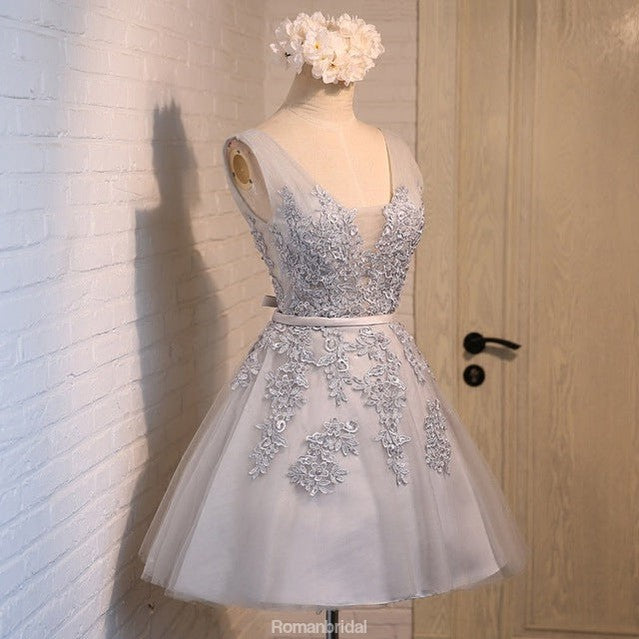 Charming Short V-Neck Bow Beading Appliques Tulle Lace Dress, A-line Homecoming Dress , HD0320
