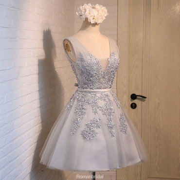 Charming Short V-Neck Bow Beading Appliques Tulle Lace Dress, A-line Homecoming Dress , HD0320
