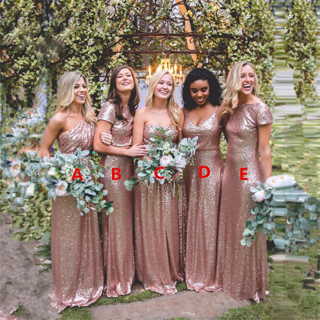 Cheap country style Beach style rose Gold sequins pretty long bridesmaid Dress, BD0422