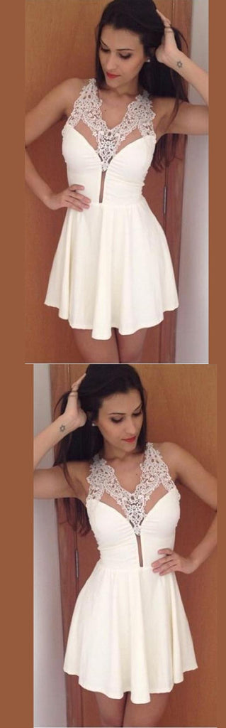 Simple Sexy White Lace Appliques Deep V-neck Mini Homecoming Dresses, HD0387
