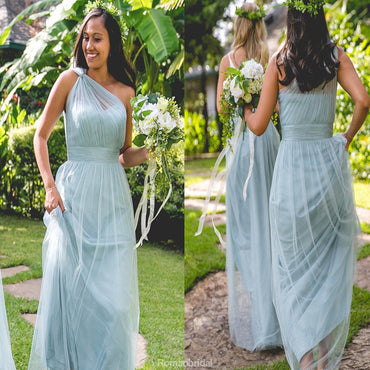 Floor-length Cheap Country style tulle One-shoulder long bridesmaid dresses , BD0426