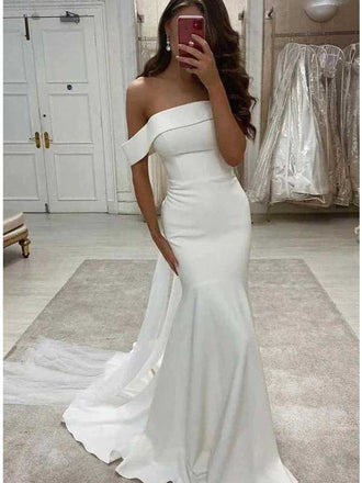 Simple Mermaid Off The Shoulder Ivory Satin Wedding Dress, WD0496